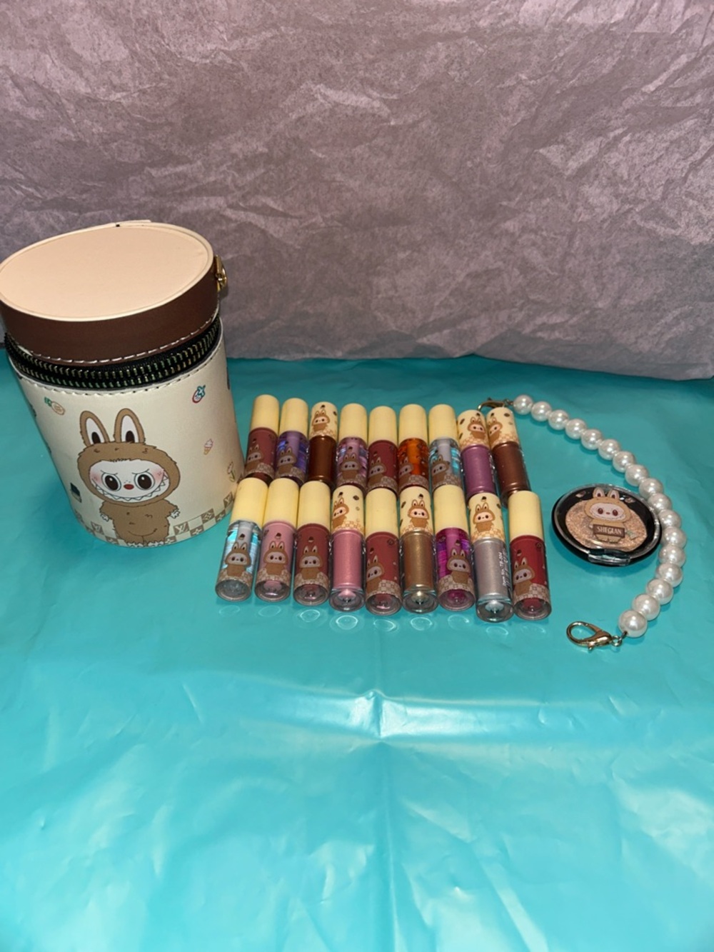 Labubu Case With Set of 18 Lip Gloss & Pearl Strap